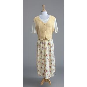 MHM Vintage 90s Tie Back Vest Midi Dress Cottagecore Floral Plaid Spring Yellow